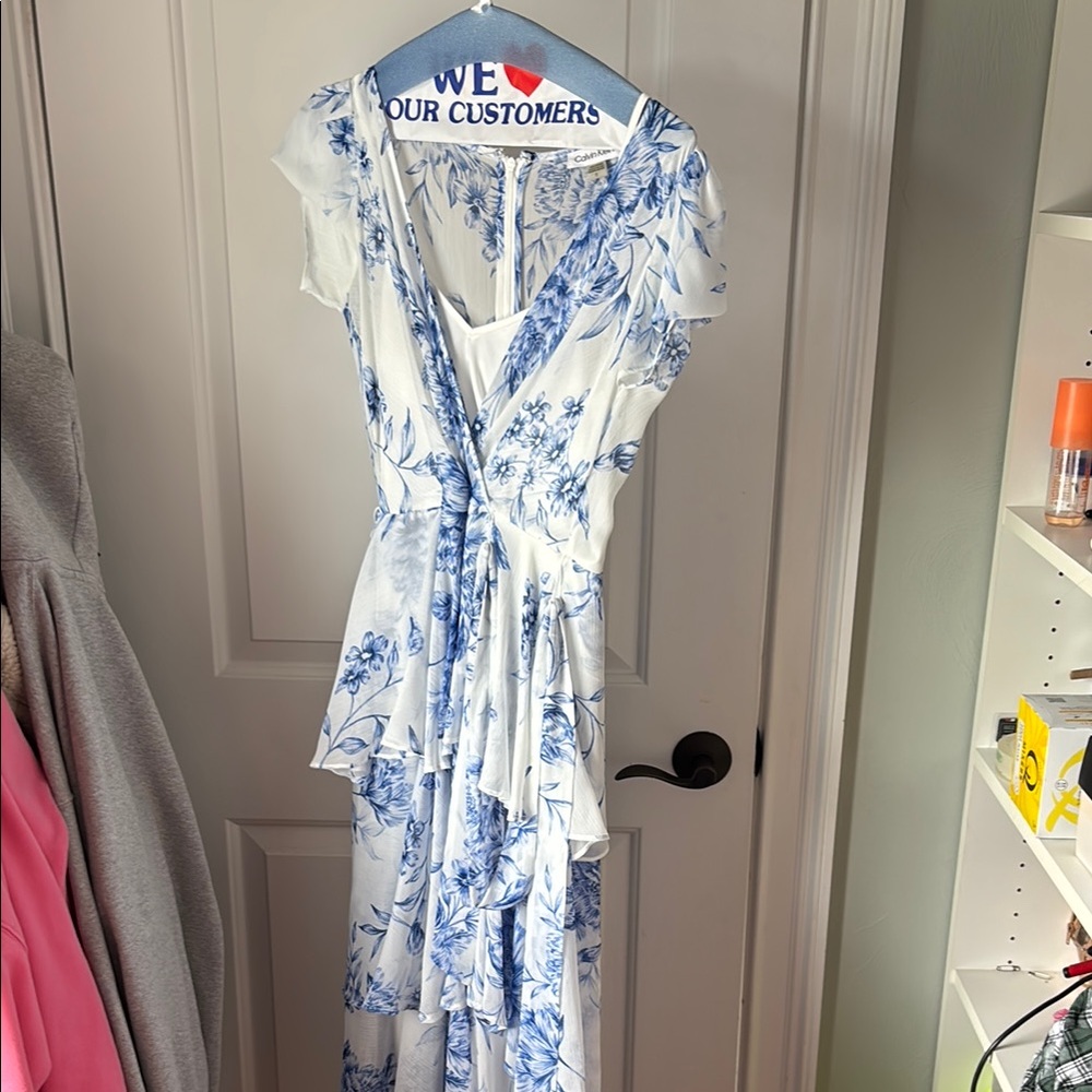 Calvin Klein Blue and White Maxi Sundress with Flutter Sleeves